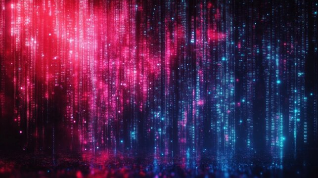 Abstract digital rain of glowing pink and blue binary code cascading vertically against a dark background with sparkling light effects