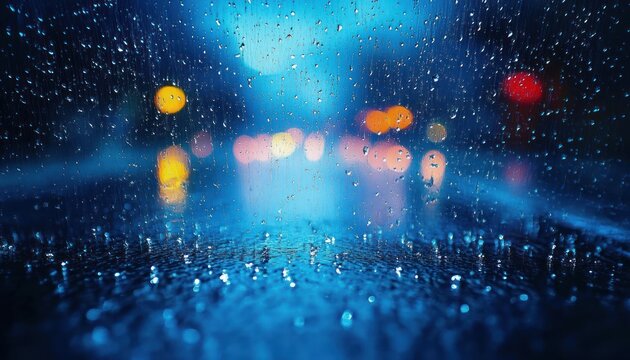 Close-up of raindrops on a window with blurred colorful lights in the background creating a moody rainy atmosphere