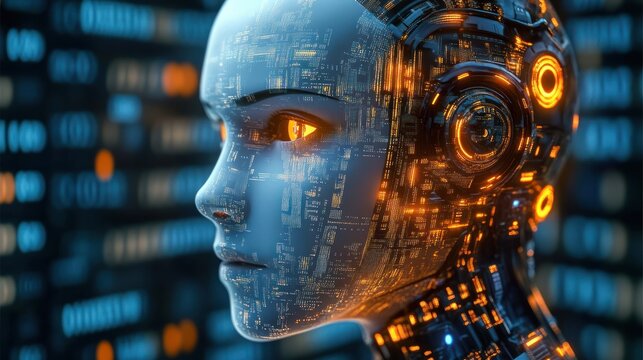 Futuristic humanoid robot head with glowing circuit patterns and illuminated eyes set against a blurred digital data background, conveying advanced technology and AI intelligence