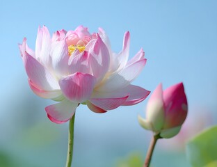 Beautiful Pink Lotus Flower Blossom with Bud Against a Clear Blue Sky Background