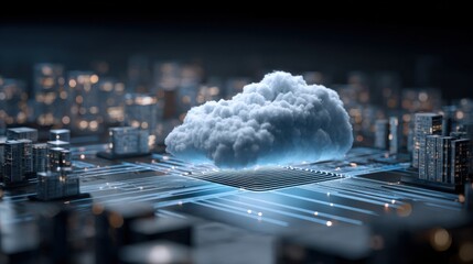 Cloud Computing Technology Concept: Data Storage and Processing Illustration, Featuring Central Cloud with Network Connections