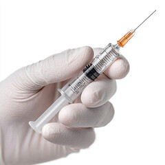 Hand in white glove holding a syringe with needle against a white background in a studio shot