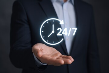 24/7 Service Concept: Businessman Presenting a Holographic Clock Displaying Continuous Support and Availability, Illustrating Customer Service