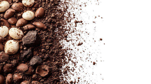 Cocoa beans and nibs on dark brown earth, with a black abyss on the right