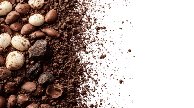 Cocoa beans and nibs on dark brown earth, with a black abyss on the right