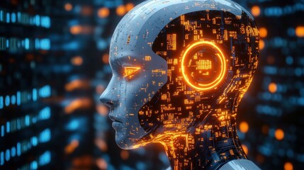 Profile view of a futuristic humanoid robot head illuminated with glowing orange circuitry and digital patterns against a dark, blurred background