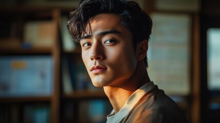 Portrait of a young man with wavy hair looking thoughtfully to the side in a softly lit indoor setting with blurred background