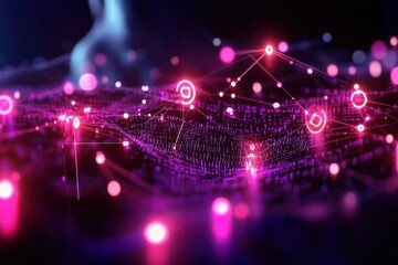 Abstract digital network visualization with glowing pink and purple nodes connected by lines over a dark background, representing data flow and connectivity in a futuristic style
