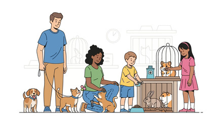Happy Family Adopting Pets Dog, Cat, Rabbit, and Hamster with Children and Adults