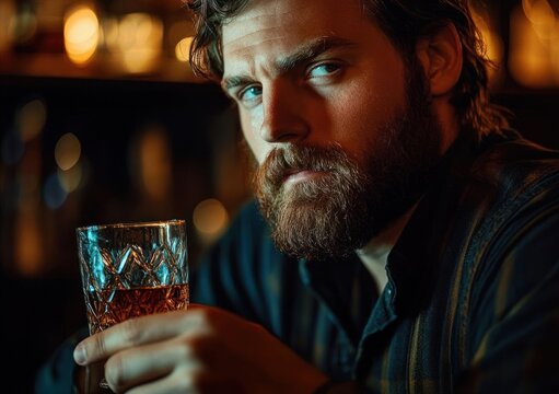 thoughtful man with beard holding a glass of dark beverage in a dimly lit setting with warm ambient lights