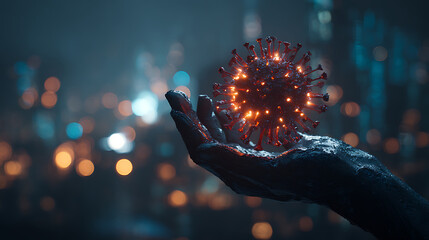 Dramatic depiction of a virus in a hand with a city backdrop, symbolizing health crisis, scientific breakthrough, or a new technological solution