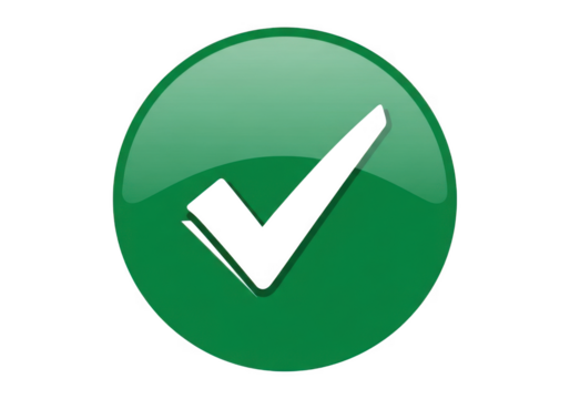 Glossy green circle with black check mark symbol isolated on transparent background - Powered by Adobe