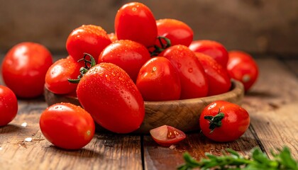 Freshly washed red cherry tomatoes in a wooden bowl