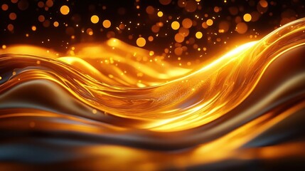 Glowing golden liquid waves with smooth flowing curves and sparkling bokeh lights creating a warm and mesmerizing abstract scene