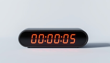A black digital clock showing the time 00:00:05 with orange numbers, close up shot, on transparent background