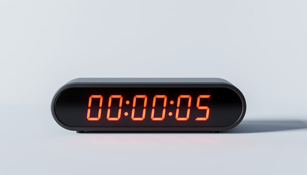 A black digital clock showing the time 00:00:05 with orange numbers, close up shot, on transparent background