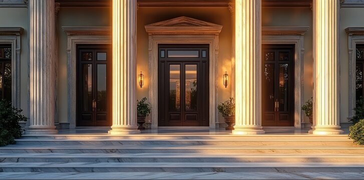 Elegant neoclassical building entrance with tall fluted columns, dark wood double doors, marble steps, wall sconces, and potted greenery in soft warm lighting