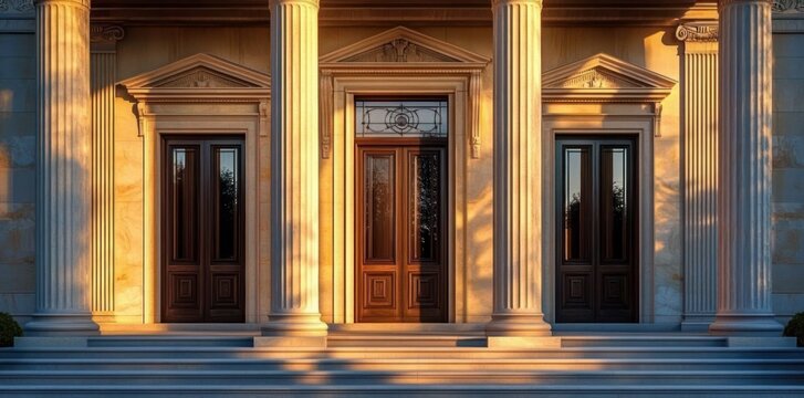 Classic neoclassical building facade with three dark wooden doors framed by large white marble columns and steps illuminated by warm sunlight