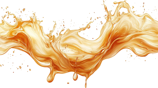 Detailed splash of amber liquid with droplets, isolated on black