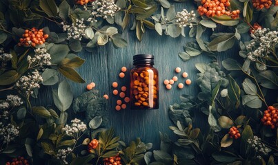 pills of herbal and leaves with bottle on top view of wood table concept in care and healthy strong body for maintaining health