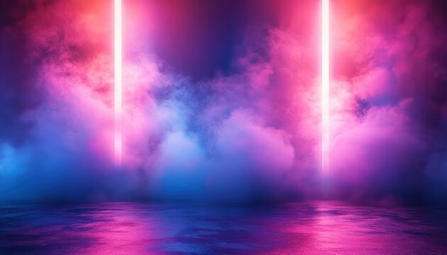 Vibrant colorful fog illuminated by vertical neon lights on a reflective surface creating a mysterious and futuristic atmosphere