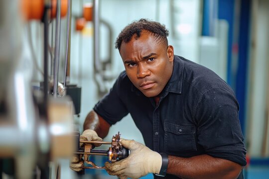 Focused man wearing gloves working with mechanical parts in a workshop, showing concentration and determination