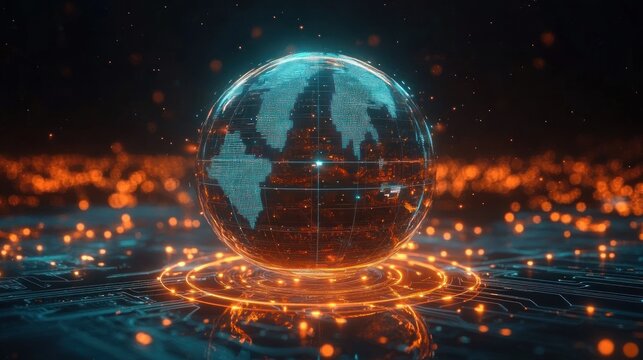 Digital holographic globe displaying continents with glowing orange and blue circuitry in futuristic technology environment - Powered by Adobe