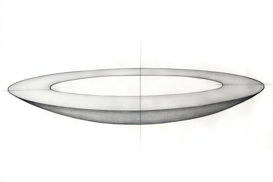 Geometric minimalist drawing of an elongated oval-shaped object with fine crosshatch shading and a central void creating a sense of depth and symmetry - Powered by Adobe