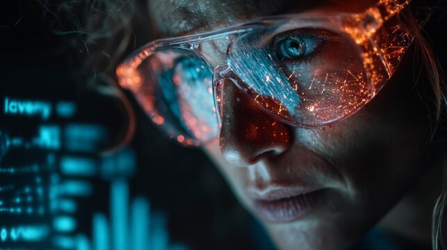 Focused scientist in advanced VR headset immersed in futuristic digital data visualization, exploring complex networks and scientific discovery