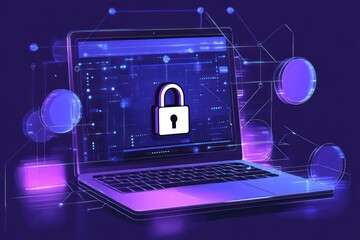 Laptop with digital lock symbol on screen surrounded by interconnected floating nodes representing cybersecurity and data protection in futuristic purple and blue tones