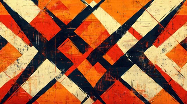 Abstract geometric composition with intersecting diagonal lines and shapes in bold orange, black, beige, and red tones creating dynamic visual energy