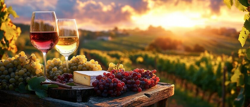 Two glasses of red and white wine on a rustic wooden table with bunches of green and red grapes and a wedge of cheese, set against a sunlit vineyard landscape at sunset