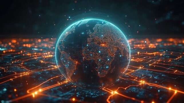 Digital globe illuminated with network connections and glowing data points symbolizing global communication and advanced technology