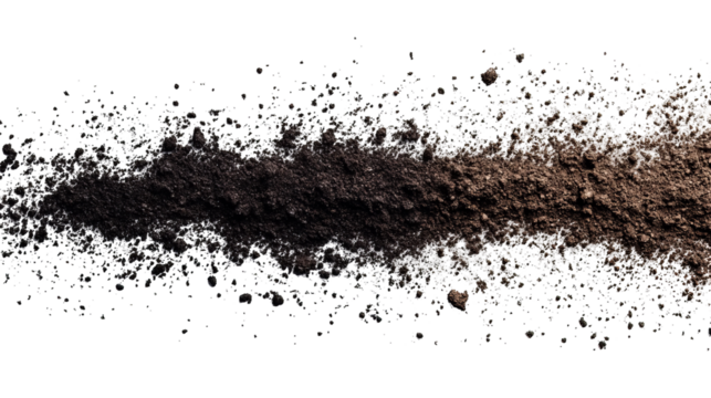 Earthy brown substance stream on a black background, with scattered particles