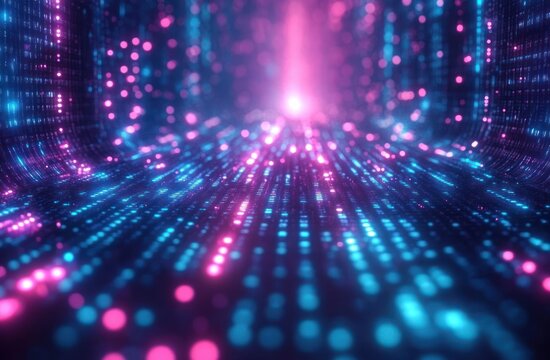 Glowing blue and pink digital dots arranged in vertical and horizontal lines creating a futuristic illuminated tunnel effect with a bright light at the center