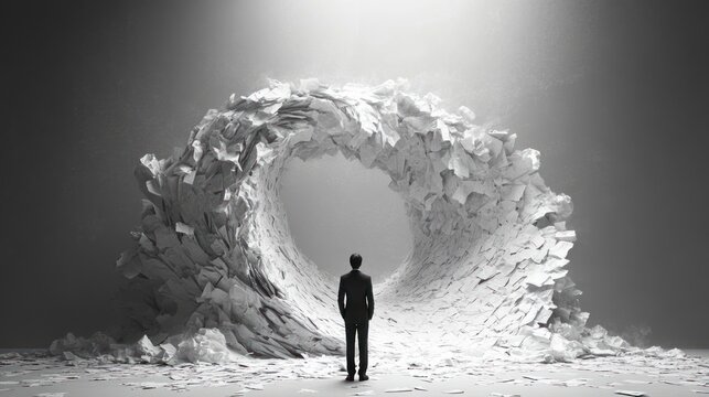 A man in a suit stands facing a massive swirling wave of scattered papers forming a tunnel-like vortex in a monochrome setting, evoking feelings of overwhelm and contemplation - Powered by Adobe