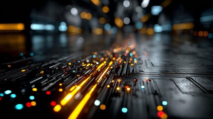 Dynamic digital circuit board pulses with vibrant energy, representing data flow and technological innovation in a futuristic abstract.