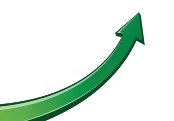 A vibrant green arrow curves upwards indicating growth and progress isolated on transparent background