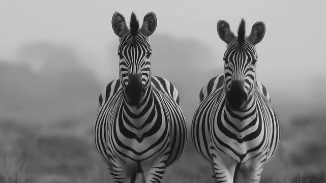 Two zebras stand facing forward in a grayscale landscape.