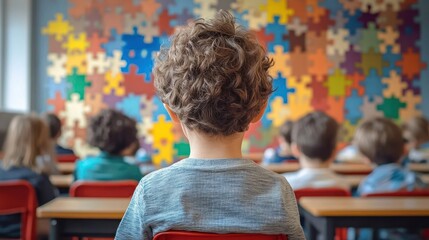 Young students sitting in a classroom facing a colorful puzzle piece wall installation, focusing on a curly-haired child in the foreground