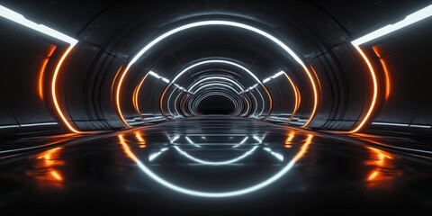 Futuristic dark tunnel corridor with glowing orange and white neon lights reflecting on smooth floor surface creating a symmetrical geometric pattern