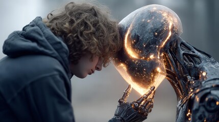 Young person connecting with glowing futuristic android, symbolizing future technology and human collaboration, inspiring innovation and hope.