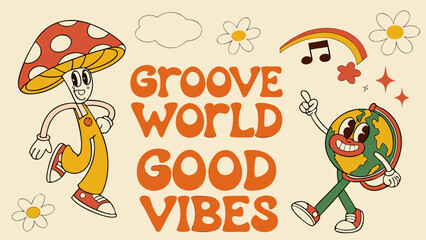 Fototapeta premium Set of vintage groovy characters and elements for poster of sticker design. Retro character, hippie 70s style, psychedelic mushroom, flowers, planet earth. Vintage vector set