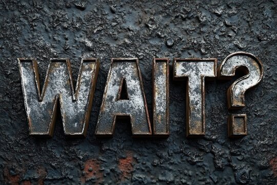 Close-up of large textured metal letters forming the word 'WAIT?' on a rough, dark, corroded background conveying a sense of urgency and caution
