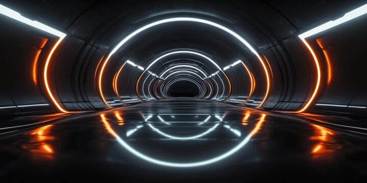 Futuristic dark tunnel corridor with glowing orange and white neon lights reflecting on smooth floor surface creating a symmetrical geometric pattern