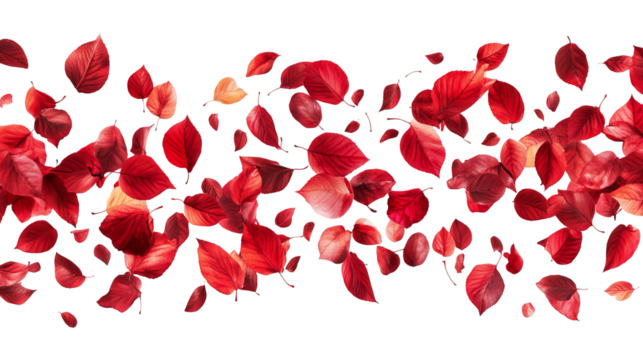 Floating, vivid red leaves against a stark black background, creating a dynamic visual