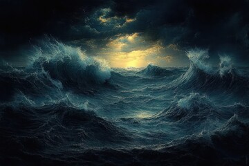 Dark stormy ocean waves crashing under a dramatic cloudy sky with golden light breaking through the clouds at the horizon