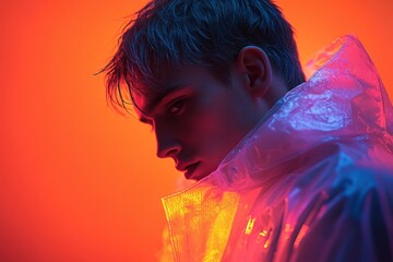 Portrait of a young man in a translucent raincoat with intense side lighting creating vibrant orange and blue contrast, evoking a moody and contemplative atmosphere