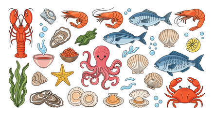 Naklejka premium Fresh seafood assortment including crustaceans, fish, mollusks, and more, presented in vibrant, hand-drawn style illustrations.