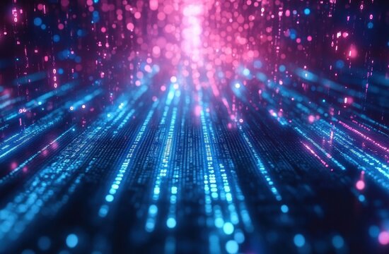 Abstract digital data streams flowing upwards in neon pink and blue colors creating a futuristic and dynamic technology atmosphere